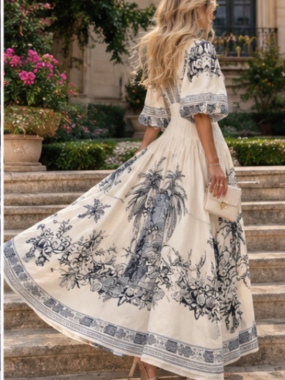 Alemais Cream Maxi Dress with Navy Print